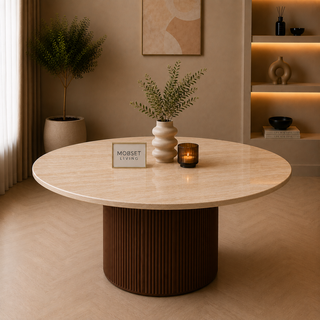 Eettafel Japandi travertin rond bruin 130 cm - Kimberly