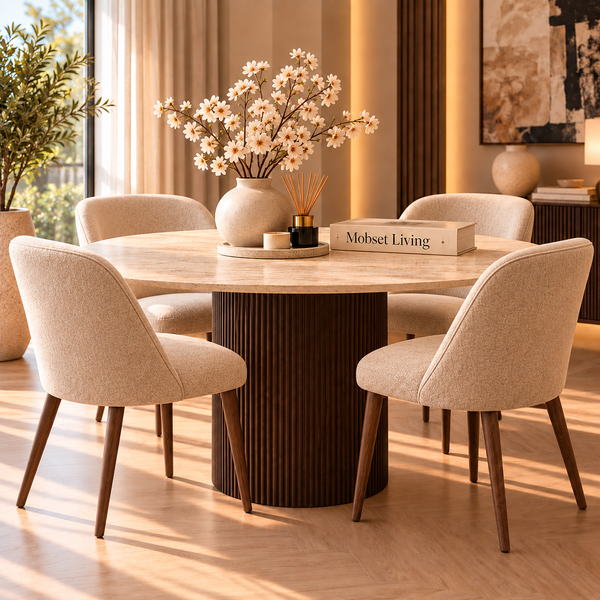 Eettafel Japandi travertin rond bruin 130 cm - Kimberly