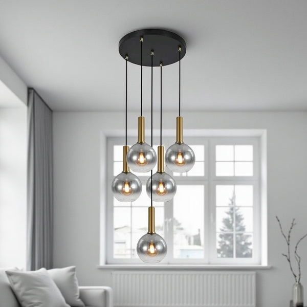 Hanglamp Smoke Glas– Verstelbaar – 5 Lichtpunten- Staven Goud