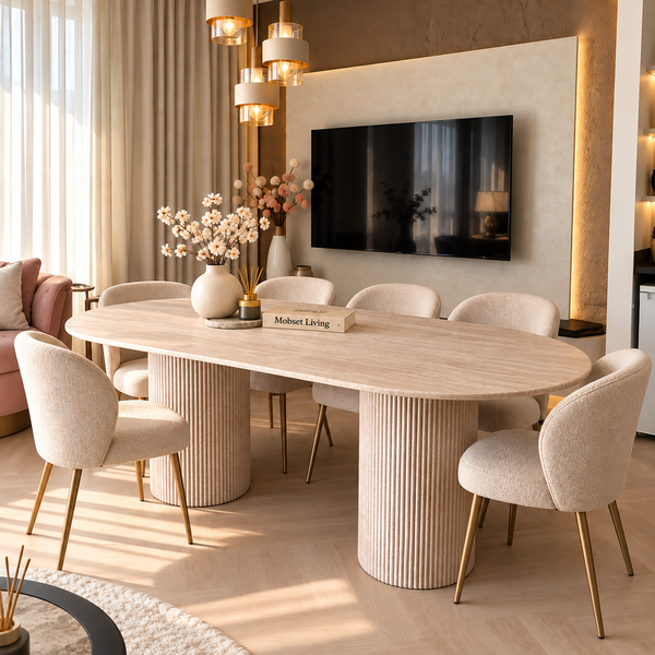 Eettafel Japandi travertin 2 potig ovaal 180cm - Kimberly