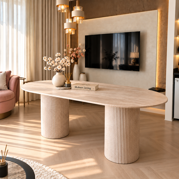 Eettafel Japandi travertin 2 potig ovaal 180cm - Kimberly