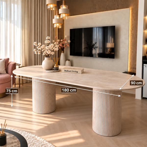 Eettafel Japandi travertin 2 potig ovaal 180cm - Kimberly