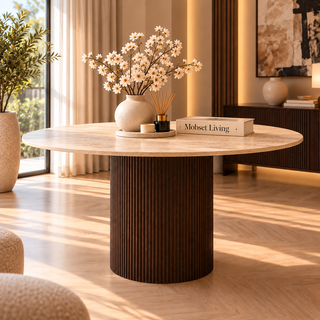 Eettafel Japandi travertin rond bruin 130 cm - Kimberly