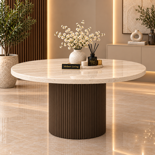 Eettafel Japandi travertin rond bruin 130 cm - Kimberly