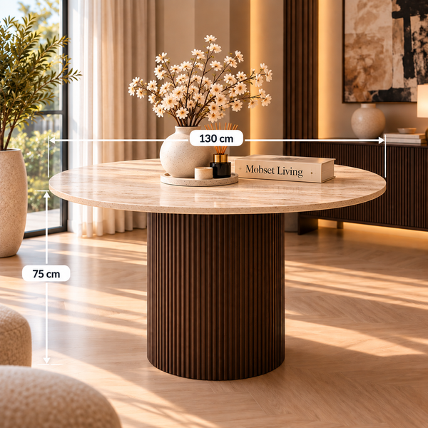 Eettafel Japandi travertin rond bruin 130 cm - Kimberly