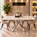 Rechthoekige Travertin Eettafel 180x90 cm Witte blad - Zilveren X-poot - Rosa