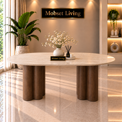 Ovale Japandi Travertijn Eettafel 180 x 90 cm – Beige met Bruine Poot