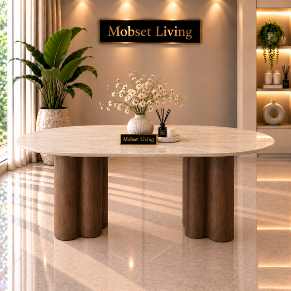 Ovale Japandi Travertijn Eettafel 180 x 90 cm – Beige met Bruine Poot