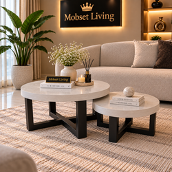 Salontafels Keramiek Rond Creme 2 stuks Poot Zwart - Lina