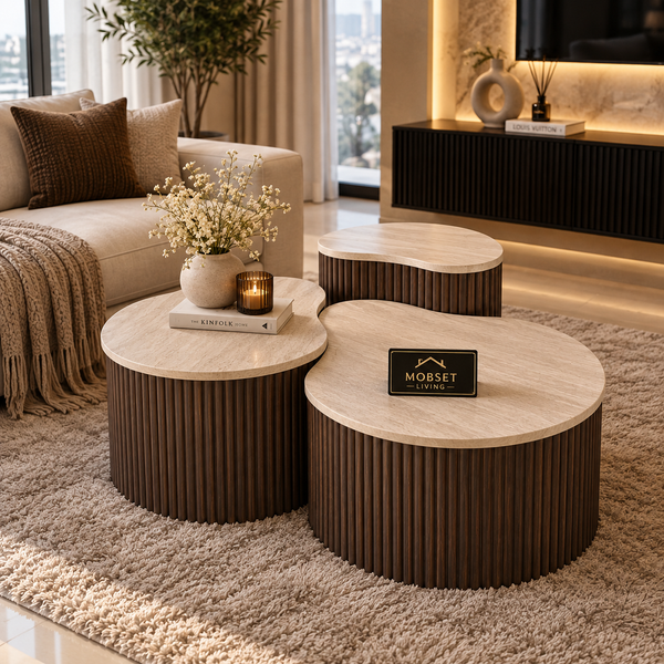 Japandi Salontafels Travertine-3-delig Bruin Design