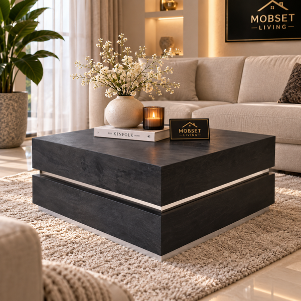 Zwarte salontafel – Rechthoekig mangohout met visgraat design