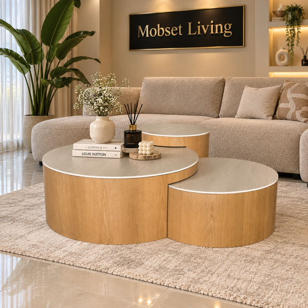 Salontafel Set 3-delig Rond Keramiek  Naturel Eiken – Romy