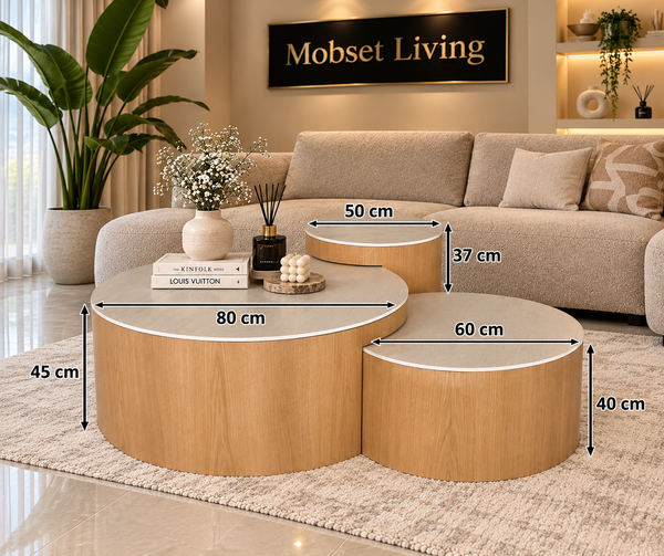 Salontafel Set 3-delig Rond Keramiek  Naturel Eiken – Romy