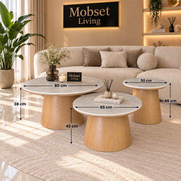 Salontafels Rond Keramiek 3 stuks Naturel Eiken – Romy