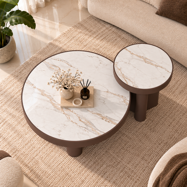 Salontafels Rond Travertin 2 stuks Bruin – Livia