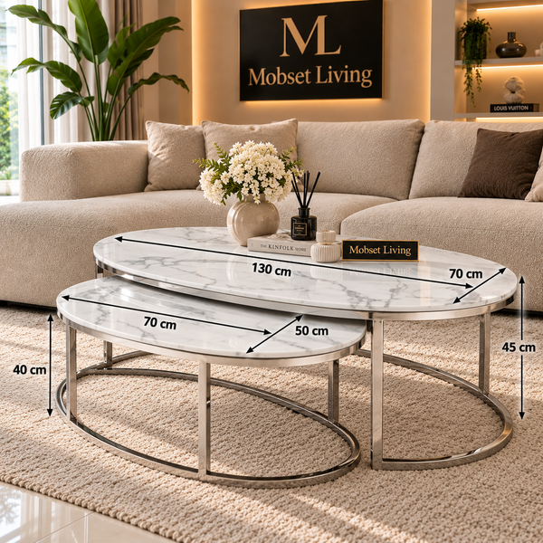 Salontafels Ovaal Travertin Dubbel Zilver