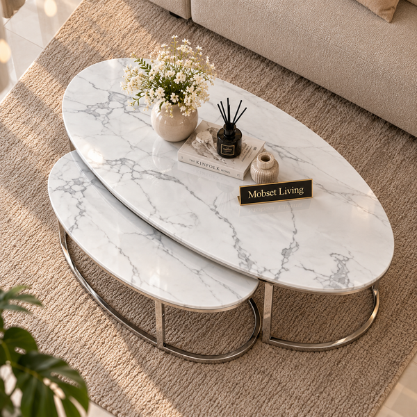 Salontafels Ovaal Travertin Dubbel Zilver