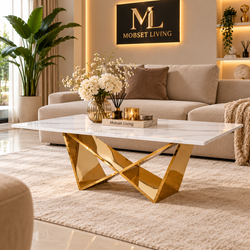 Salontafel Travertin Goud Wit Blad 130 cm - Edina