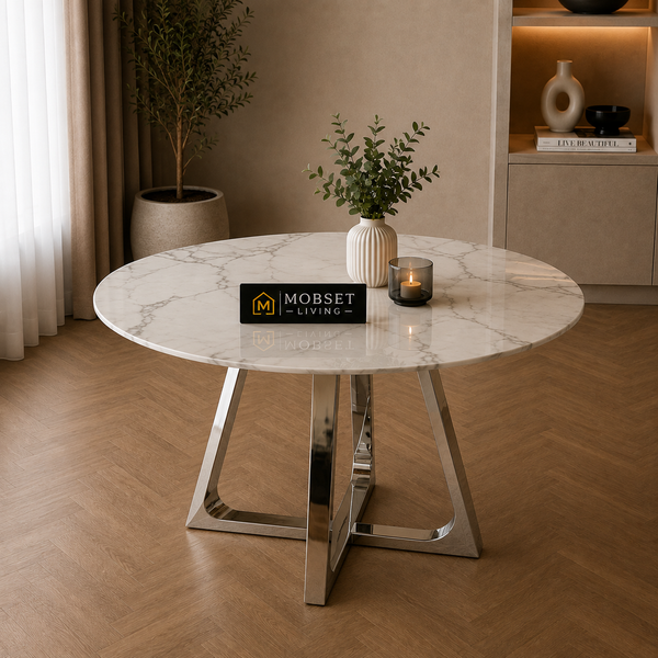 Ronde Travertin Eettafel 130 cm – Beige met Zilveren RVS Onderstel