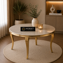 Ronde Travertin Eettafel 130 cm – Wit met Gouden Onderstel Recht