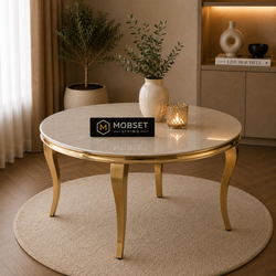 Ronde Travertin Eettafel 130 cm – Wit met Gouden Onderstel Recht