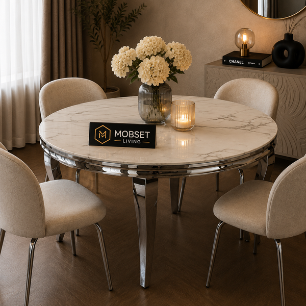 Travertin Eettafel Verona – Rond 130 cm – Wit met Zilveren Poten