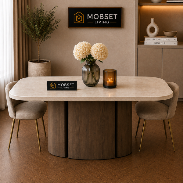 Ovalen Japandi Eettafel – Travertin met Bruine Poot – 160 cm