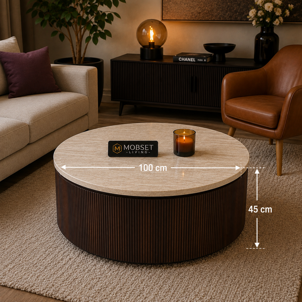 Salontafels Japandi travertin rond bruin 100cm - Kimberly