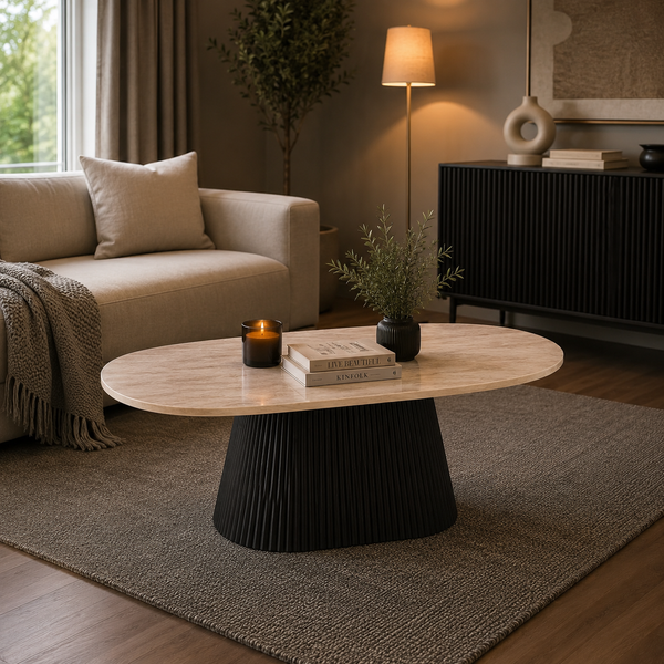 Ovale Japandi salontafel – Travertin blad & zwarte afwerking