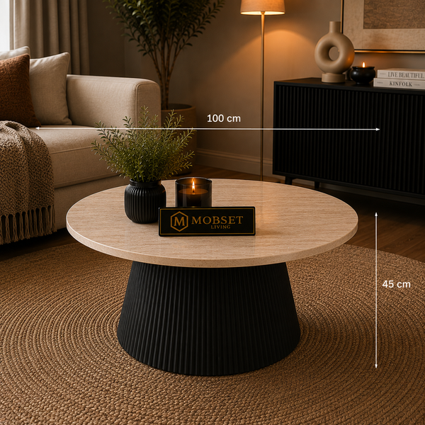 Ronde Japandi salontafel – Travertin blad & zwarte afwerking