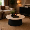Ronde Japandi salontafel – Travertin blad & zwarte afwerking