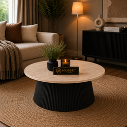Ronde Japandi salontafel – Travertin blad & zwarte afwerking