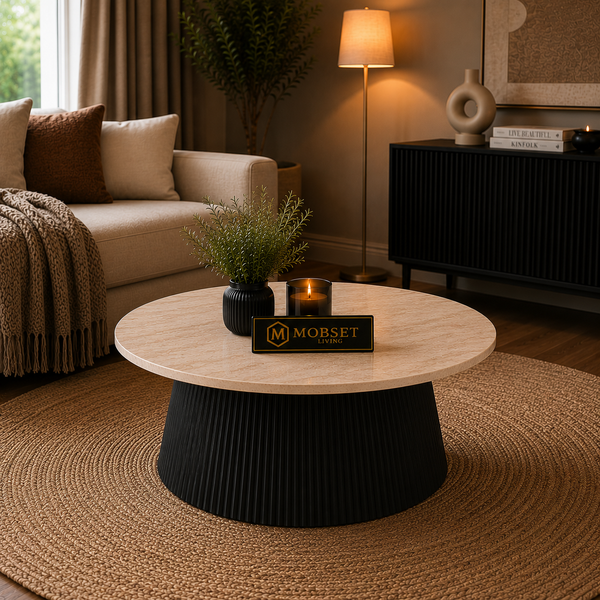 Ronde Japandi salontafel – Travertin blad & zwarte afwerking