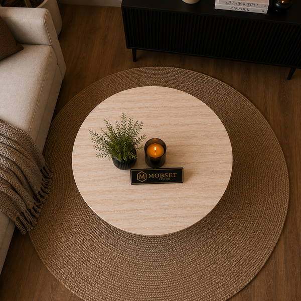 Ronde Japandi salontafel – Travertin blad & zwarte afwerking