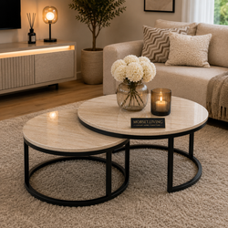 Salontafels Beige Blad Travertin Zwarte Poten Stella