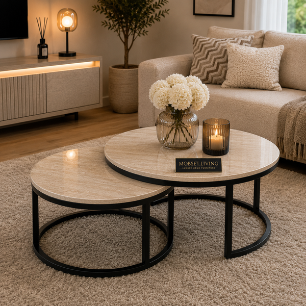 Salontafels Beige Blad Travertin Zwarte Poten Stella