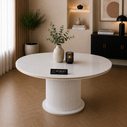Ronde Keramiek Eettafel 130 cm Wit met Gouden Randafwerking