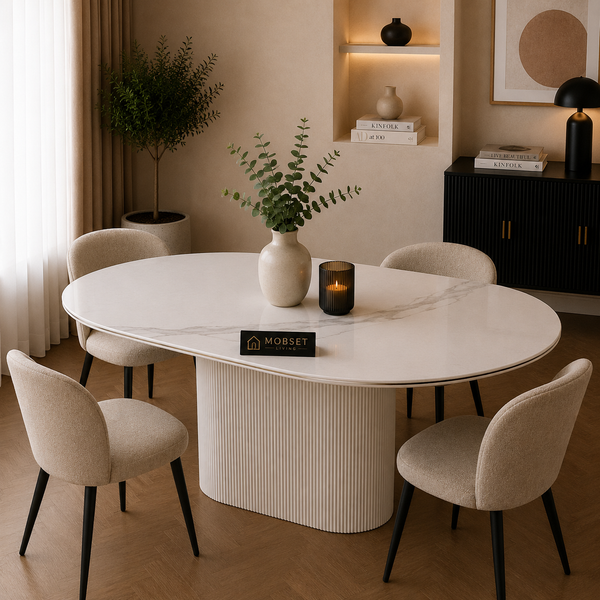 Keramiek Ovale Eettafel 180 x 90 cm – Wit met Gouden Randafwerking
