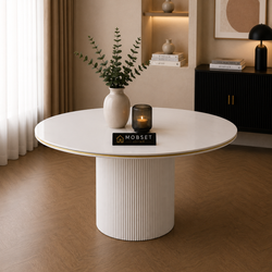 Ronde Keramiek Eettafel 130 cm – Wit Blad met Gouden Randafwerking