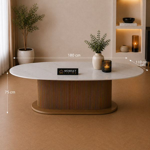 Keramiek Ovale Eettafel 180 x 110 cm – Wit Blad