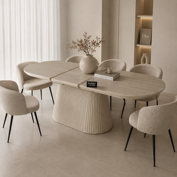 Ovale uitschuifbare Japandi eettafel – beige mangohout (160–200 cm)