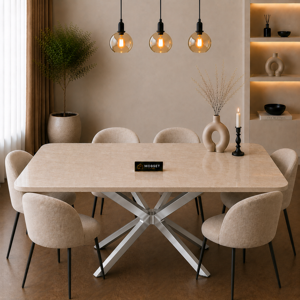 Rechthoekige Travertin Eettafel 170x90 cm Crème - Zilver X-poot - Yara