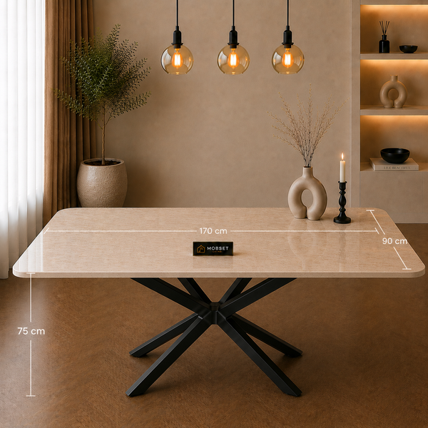 Rechthoekige Travertin Eettafel 170x90 cm Crème - Zwarte X-poot - Yara