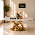 Ovale Travertin Eettafel 180x90 cm Witte blad- Gouden poot - Mina
