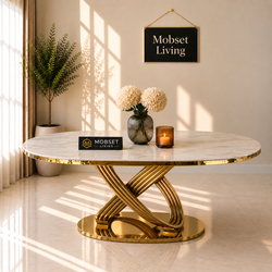 Ovale Travertin Eettafel 180x90 cm Witte blad- Gouden poot - Mina