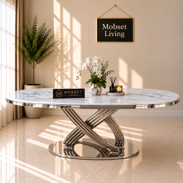 Ovale Travertin Eettafel 180x90 cm Witte blad- zilveren poot - Mina