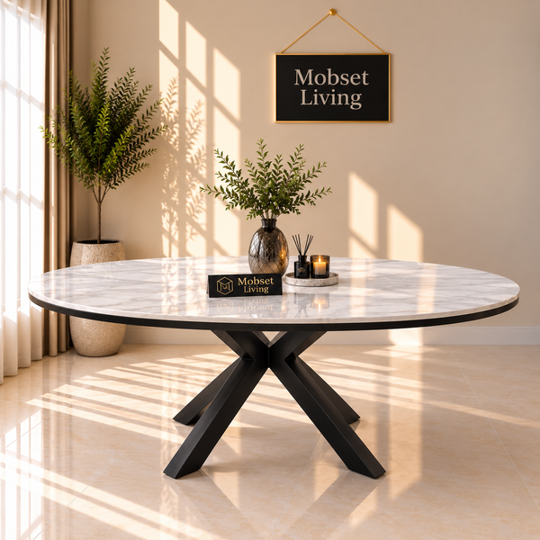 Ovale Travertin Eettafel 200x110 cm Witte blad - Zwarte X-poot - Wendy