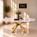 Ovale Travertin Eettafel 200x110 cm Witte blad - Goud X-poot - Wendy