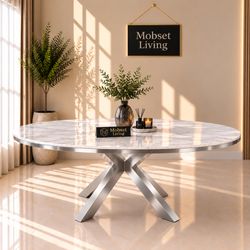 Ovale Travertin Eettafel 200x110 cm Witte blad - Zilver X-poot - Wendy