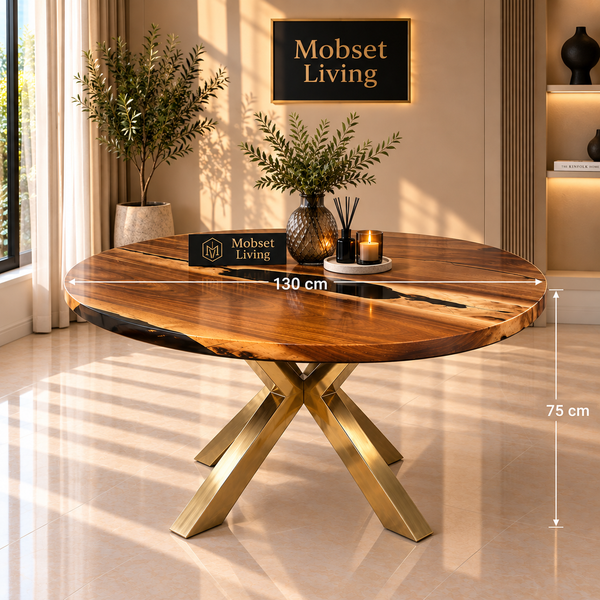 Ronde Mangohout Eettafel 130 cm - Goud X-poot - Pera